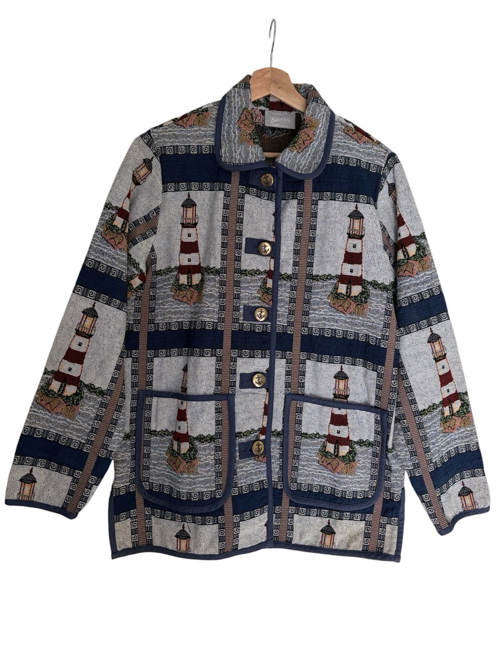Vintage Blaire Lighthouse Tapestry Jacket Nautical Coastal Chore Barn Coat Sz S